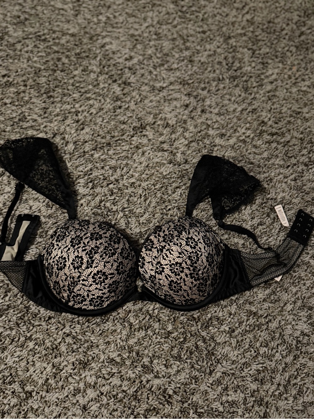 Victoria's Secret Black Lace Overlay Bra with Cream Cups
